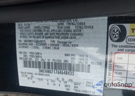 2006 Mercury Milan V6 z USA, uszkodzony, nr VIN 3MEHM07176R648433